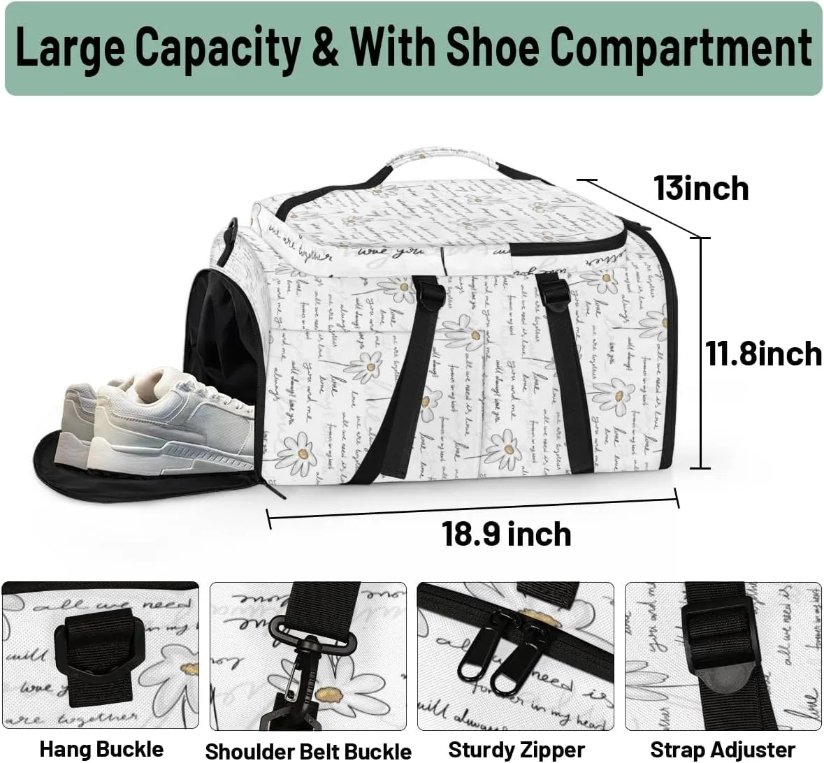 Large Sports Gym Bag With Shoe & Laptop Compartment 47L Waterproof Travel Duffel Bags for Men Women Education Flower Letters Luggage Backpack Duffle Bag