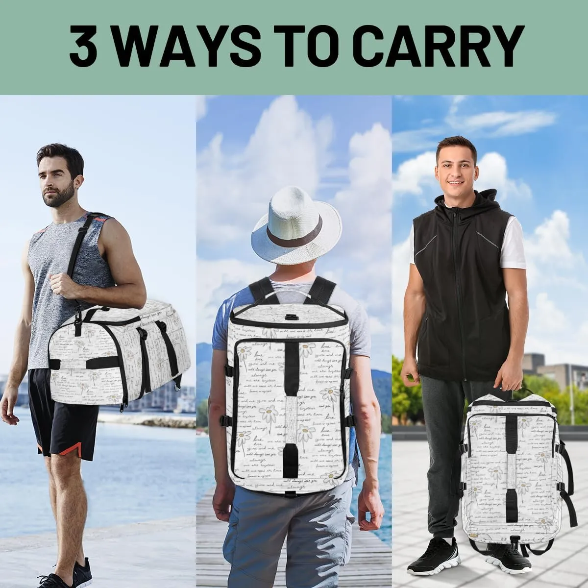 Large Sports Gym Bag With Shoe & Laptop Compartment 47L Waterproof Travel Duffel Bags for Men Women Education Flower Letters Luggage Backpack Duffle Bag