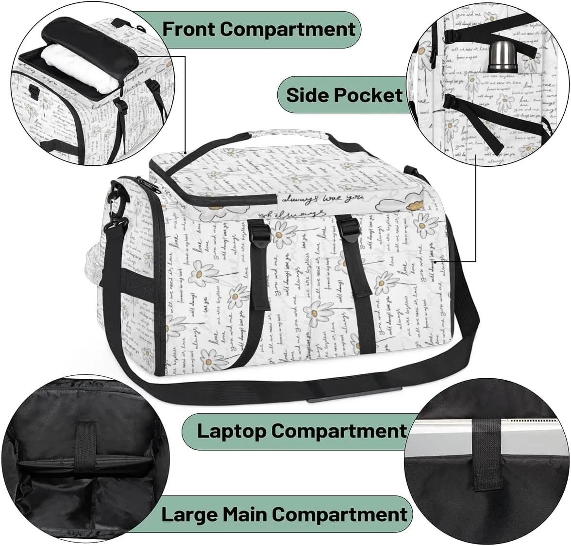 Large Sports Gym Bag With Shoe & Laptop Compartment 47L Waterproof Travel Duffel Bags for Men Women Education Flower Letters Luggage Backpack Duffle Bag