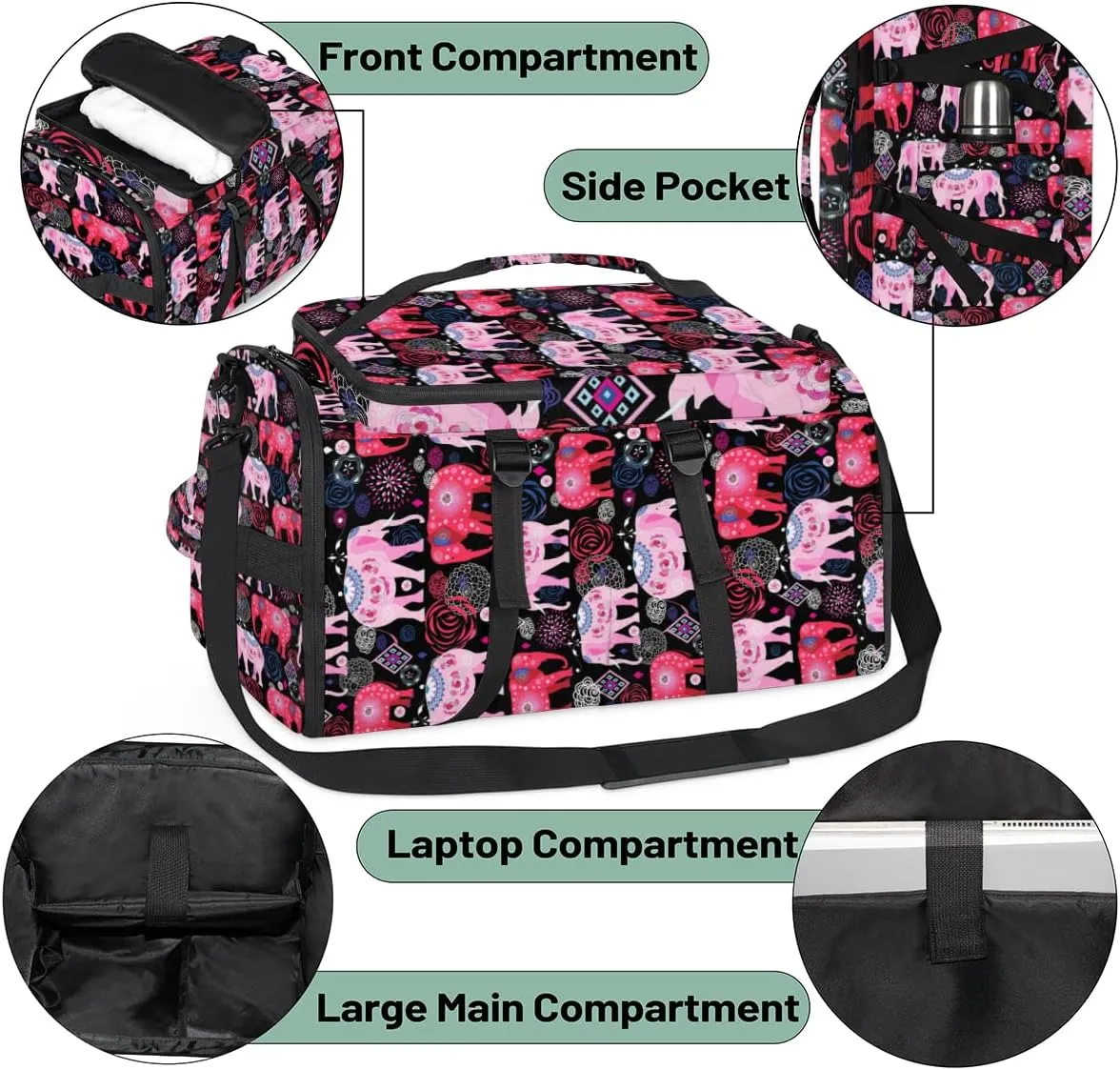 Large Sports Gym Bag With Shoe & Laptop Compartment 47L Waterproof Travel Duffel Bags for Men Women Elephant Design Luggage Backpack Duffle Bag
