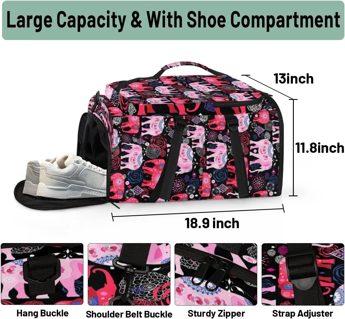 Large Sports Gym Bag With Shoe & Laptop Compartment 47L Waterproof Travel Duffel Bags for Men Women Elephant Design Luggage Backpack Duffle Bag