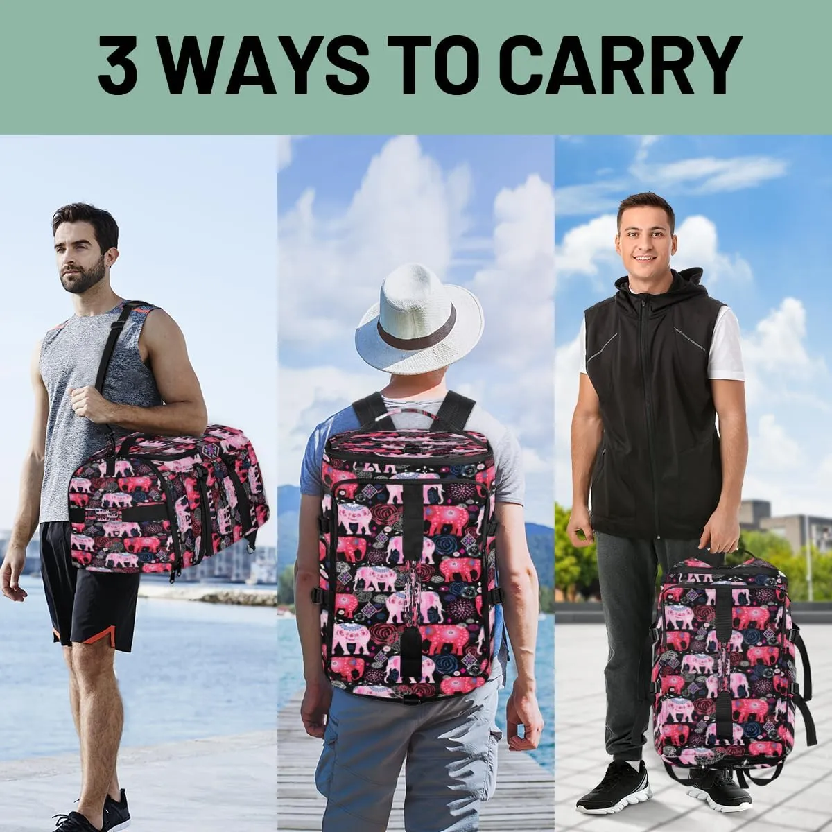 Large Sports Gym Bag With Shoe & Laptop Compartment 47L Waterproof Travel Duffel Bags for Men Women Elephant Design Luggage Backpack Duffle Bag