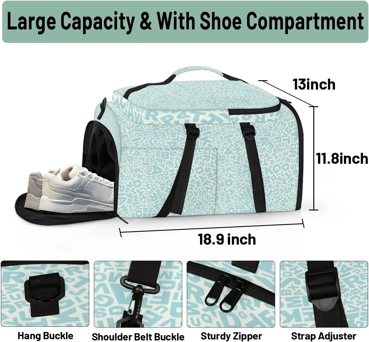 Large Sports Gym Bag With Shoe & Laptop Compartment 47L Waterproof Travel Duffel Bags for Men Women English Alphabet Luggage Backpack Duffle Bag