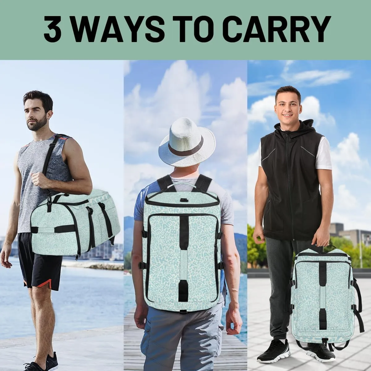 Large Sports Gym Bag With Shoe & Laptop Compartment 47L Waterproof Travel Duffel Bags for Men Women English Alphabet Luggage Backpack Duffle Bag