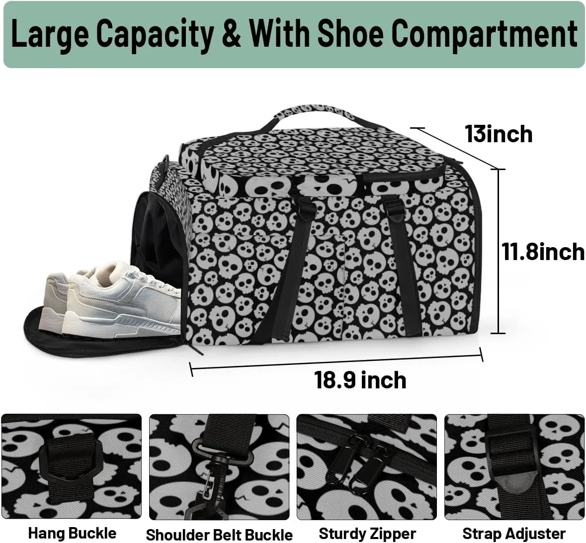 Large Sports Gym Bag With Shoe & Laptop Compartment 47L Waterproof Travel Duffel Bags for Men Women Gray Skulls Luggage Backpack Duffle Bag
