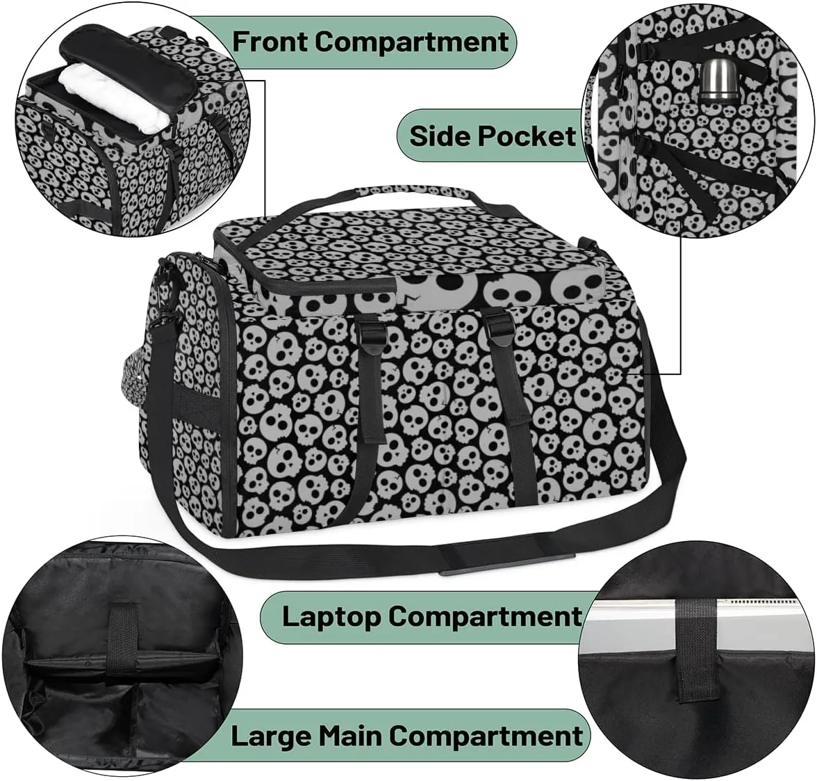 Large Sports Gym Bag With Shoe & Laptop Compartment 47L Waterproof Travel Duffel Bags for Men Women Gray Skulls Luggage Backpack Duffle Bag