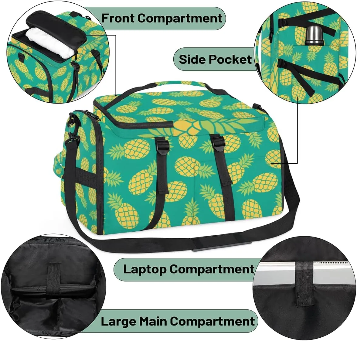Large Sports Gym Bag With Shoe & Laptop Compartment 47L Waterproof Travel Duffel Bags for Men Women Pineapple Fruit Pattern Luggage Backpack Duffle Bag