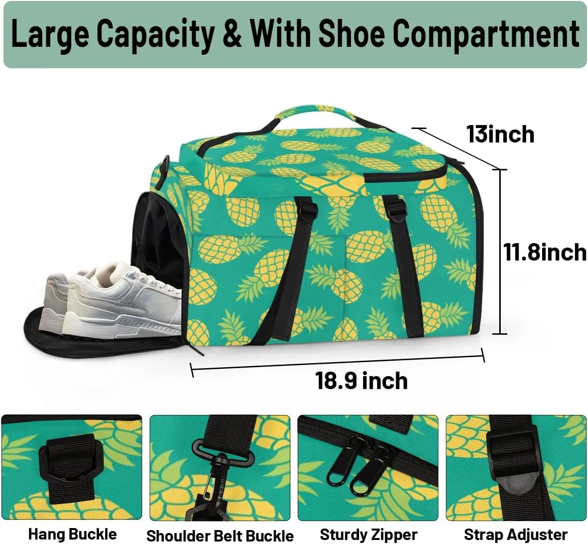 Large Sports Gym Bag With Shoe & Laptop Compartment 47L Waterproof Travel Duffel Bags for Men Women Pineapple Fruit Pattern Luggage Backpack Duffle Bag