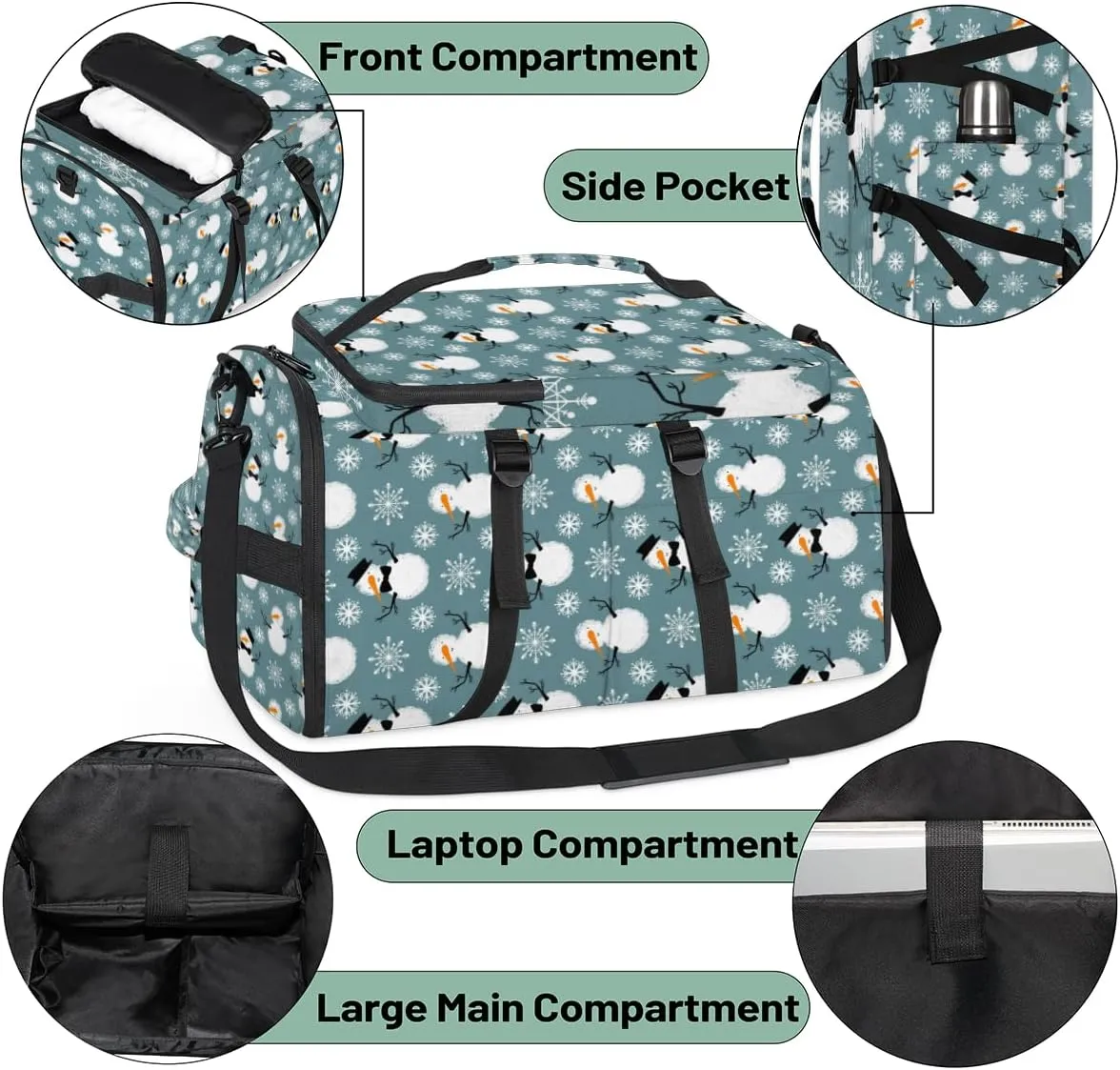 Large Sports Gym Bag With Shoe & Laptop Compartment 47L Waterproof Travel Duffel Bags for Men Women Snow Snowman Snowflake Luggage Backpack Duffle Bag