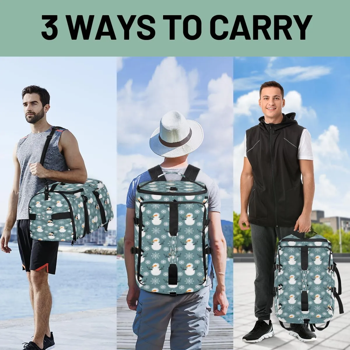 Large Sports Gym Bag With Shoe & Laptop Compartment 47L Waterproof Travel Duffel Bags for Men Women Snow Snowman Snowflake Luggage Backpack Duffle Bag