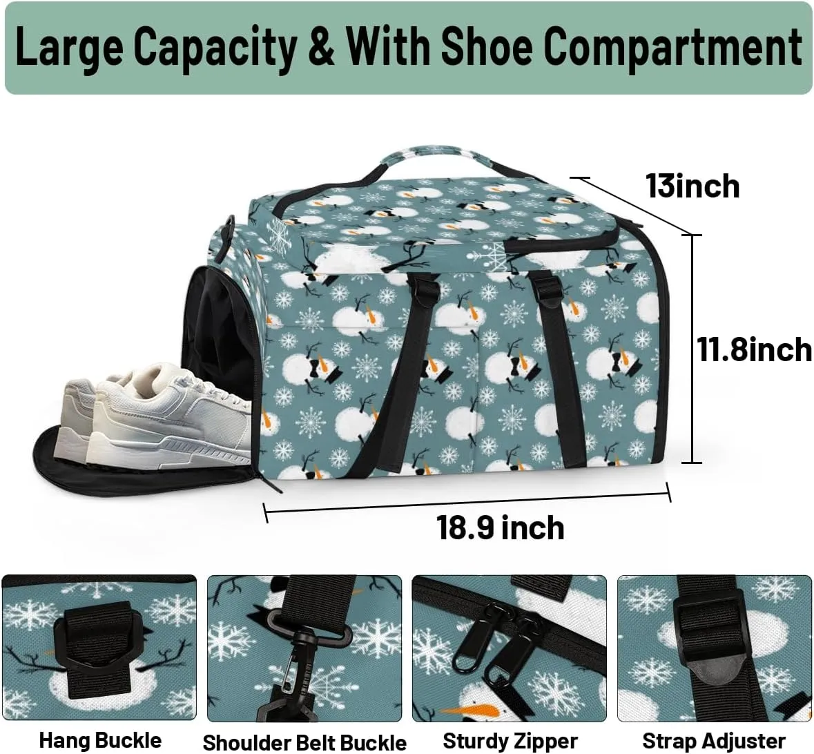 Large Sports Gym Bag With Shoe & Laptop Compartment 47L Waterproof Travel Duffel Bags for Men Women Snow Snowman Snowflake Luggage Backpack Duffle Bag