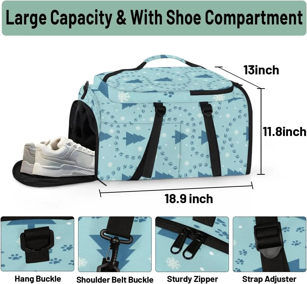 Large Sports Gym Bag With Shoe & Laptop Compartment 47L Waterproof Travel Duffel Bags for Men Women Snowflake Footprint Tree Luggage Backpack Duffle Bag