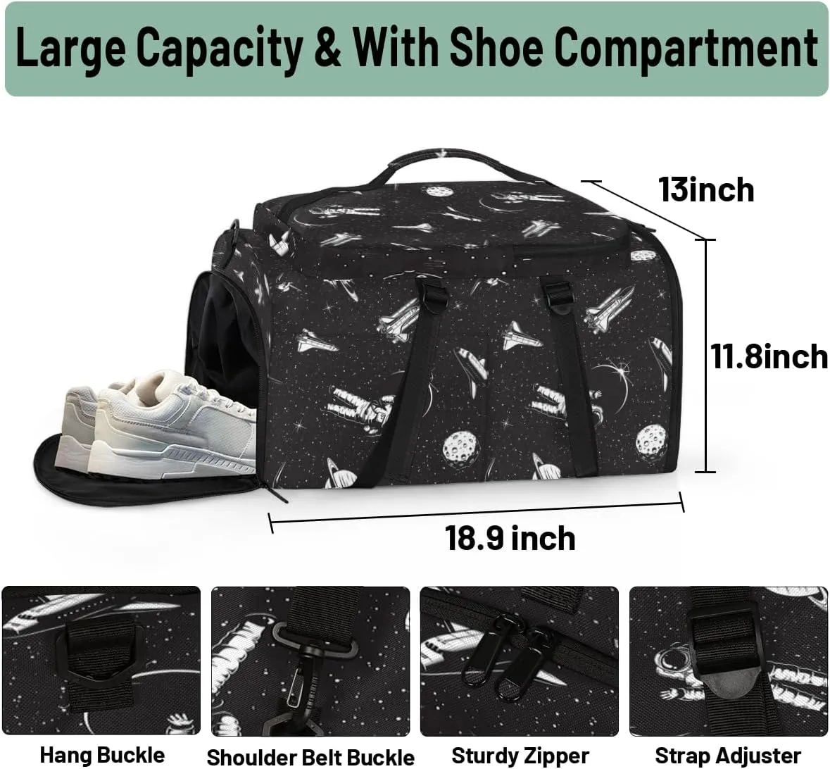 Large Sports Gym Bag With Shoe & Laptop Compartment 47L Waterproof Travel Duffel Bags for Men Women Space Astronaut Black Luggage Backpack Duffle Bag