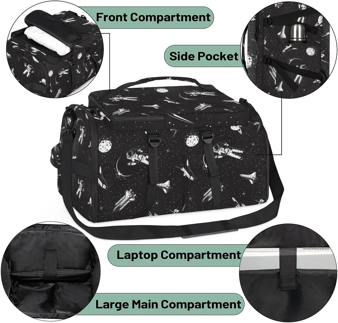 Large Sports Gym Bag With Shoe & Laptop Compartment 47L Waterproof Travel Duffel Bags for Men Women Space Astronaut Black Luggage Backpack Duffle Bag