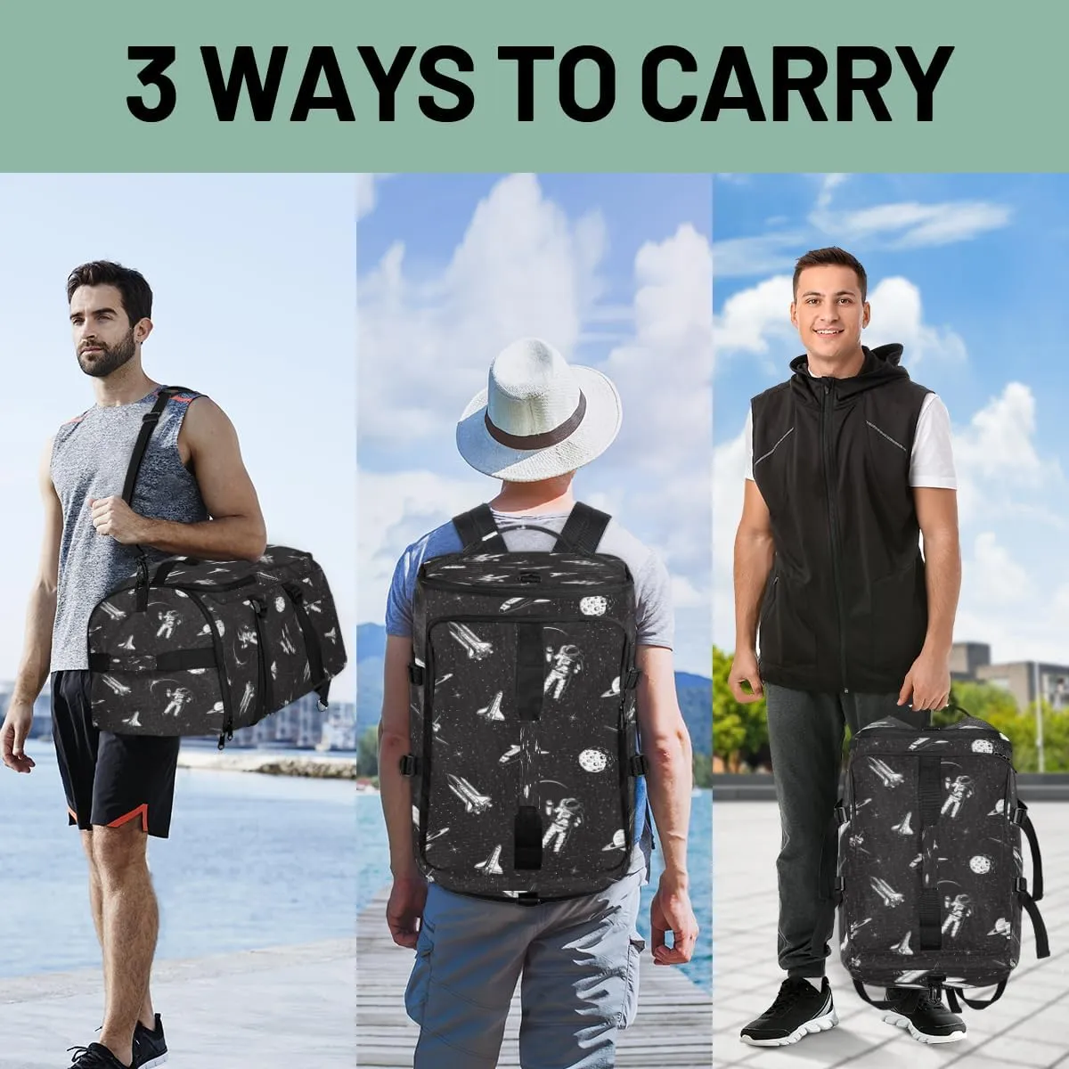Large Sports Gym Bag With Shoe & Laptop Compartment 47L Waterproof Travel Duffel Bags for Men Women Space Astronaut Black Luggage Backpack Duffle Bag