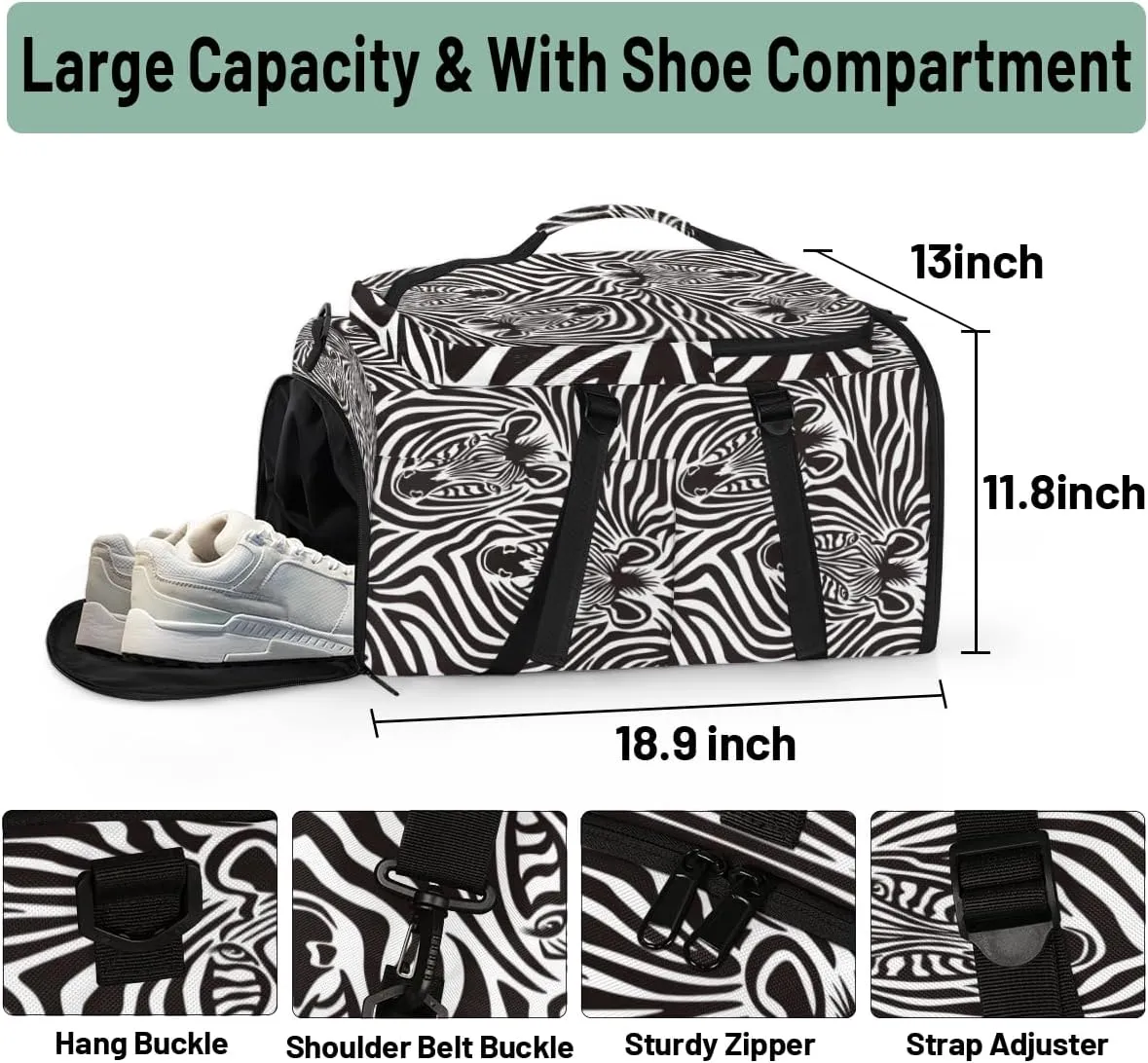 Large Sports Gym Bag With Shoe & Laptop Compartment 47L Waterproof Travel Duffel Bags for Men Women Stripe Zebra Luggage Backpack Duffle Bag