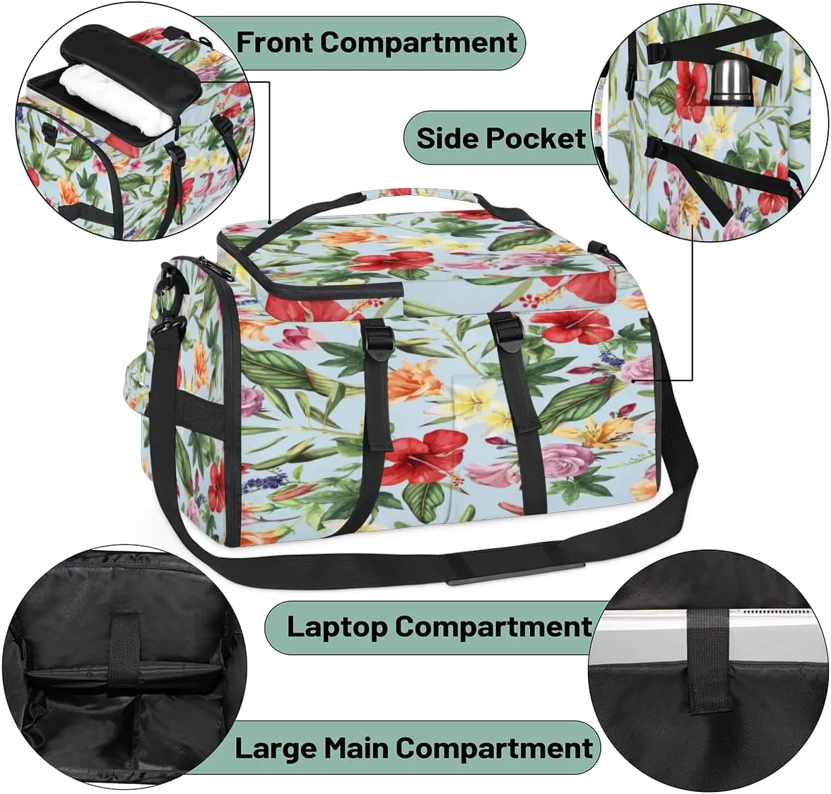 Large Sports Gym Bag With Shoe & Laptop Compartment 47L Waterproof Travel Duffel Bags for Men Women Tropic Flowers Leaf Luggage Backpack Duffle Bag