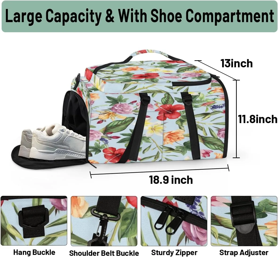 Large Sports Gym Bag With Shoe & Laptop Compartment 47L Waterproof Travel Duffel Bags for Men Women Tropic Flowers Leaf Luggage Backpack Duffle Bag