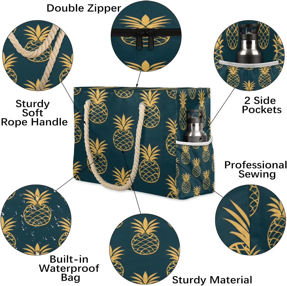 Large Tote Beach Bags for Women with Zipper Waterproof Sandproof Swim Pool Grocery Gym Travel Bag