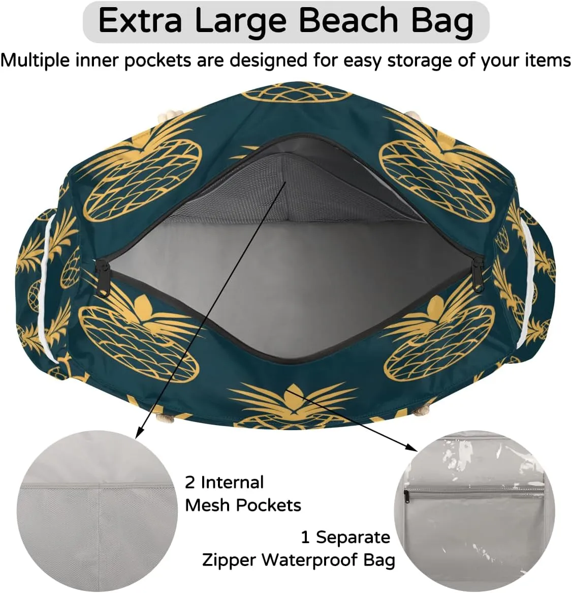 Large Tote Beach Bags for Women with Zipper Waterproof Sandproof Swim Pool Grocery Gym Travel Bag