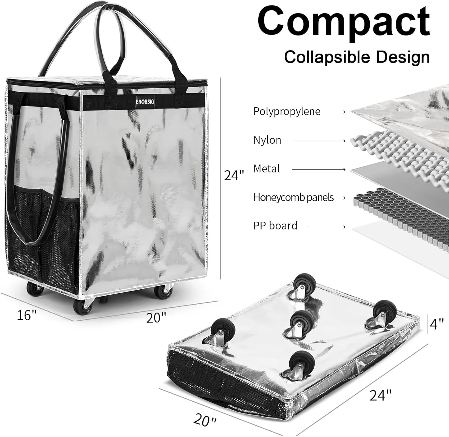 (Large,Silver) Reusable Grocery Bag on Wheels, Foldable Rolling Tote,76 lbs Capacity Shopping Trolley,Zipper Clouser Shopping Bag with Wheels for Trips, Laundry, Rolling Carts with Wheels and Handle