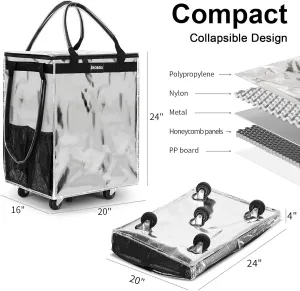 (Large,Silver) Reusable Grocery Bag on Wheels, Foldable Rolling Tote,76 lbs Capacity Shopping Trolley,Zipper Clouser Shopping Bag with Wheels for Trips, Laundry, Rolling Carts with Wheels and Handle