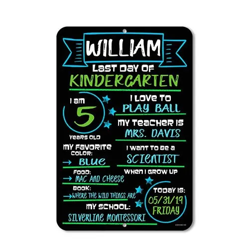 Last Day of School Blue and Green Chalkboard Style Photo Prop Tin Sign 9 x 12 inch - Reusable Easy Clean, Customizable with Liquid Chalk Markers (Not Included)