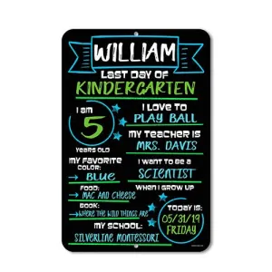 Last Day of School Blue and Green Chalkboard Style Photo Prop Tin Sign 9 x 12 inch - Reusable Easy Clean, Customizable with Liquid Chalk Markers (Not Included)