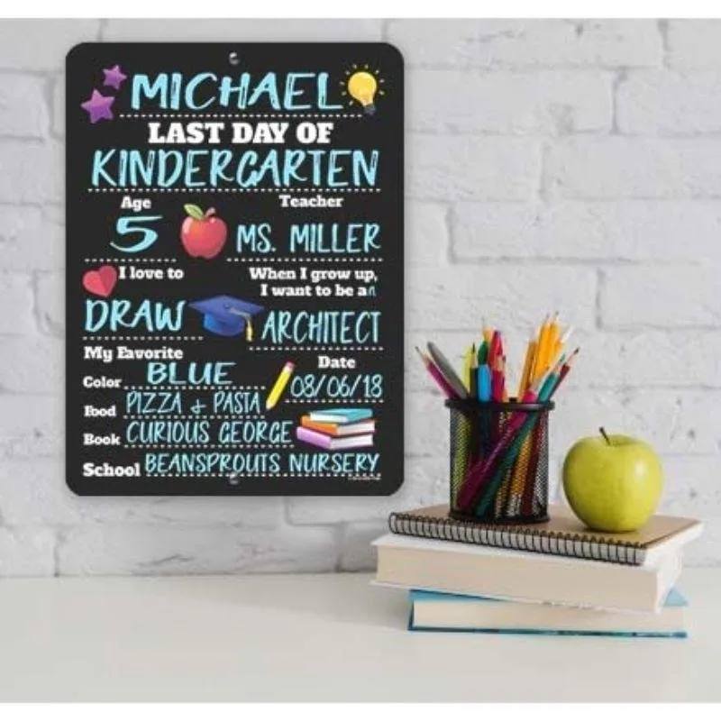 Last Day of School Chalkboard Style Photo Prop Tin Sign 9 x 12 inch - Reusable Easy Clean, Customizable with Liquid Chalk Markers (Not Included)