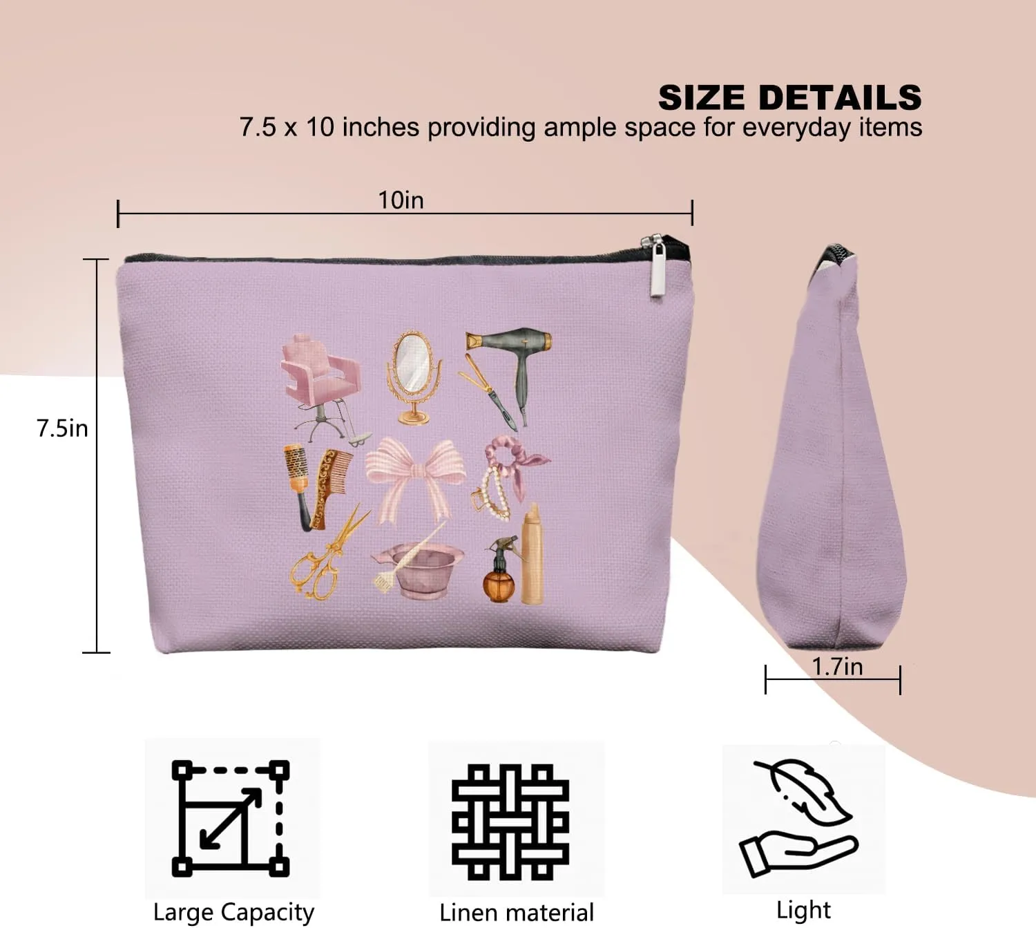 Lavender Hairstylist Makeup Bag for Women,Hairdresser Travel Organizer Bag, Aesthetic Salon Accessory Pouch, Gifts for Teen Girls 7.5 x 10 in