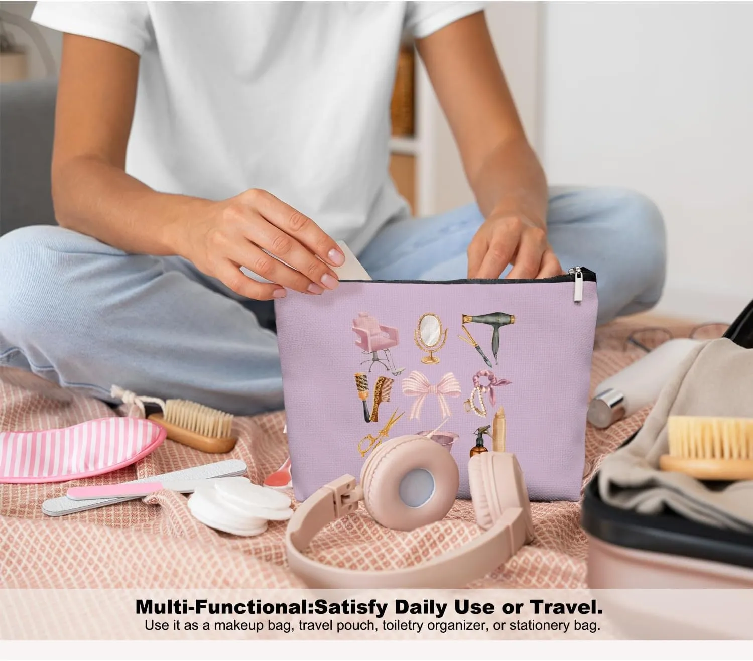 Lavender Hairstylist Makeup Bag for Women,Hairdresser Travel Organizer Bag, Aesthetic Salon Accessory Pouch, Gifts for Teen Girls 7.5 x 10 in