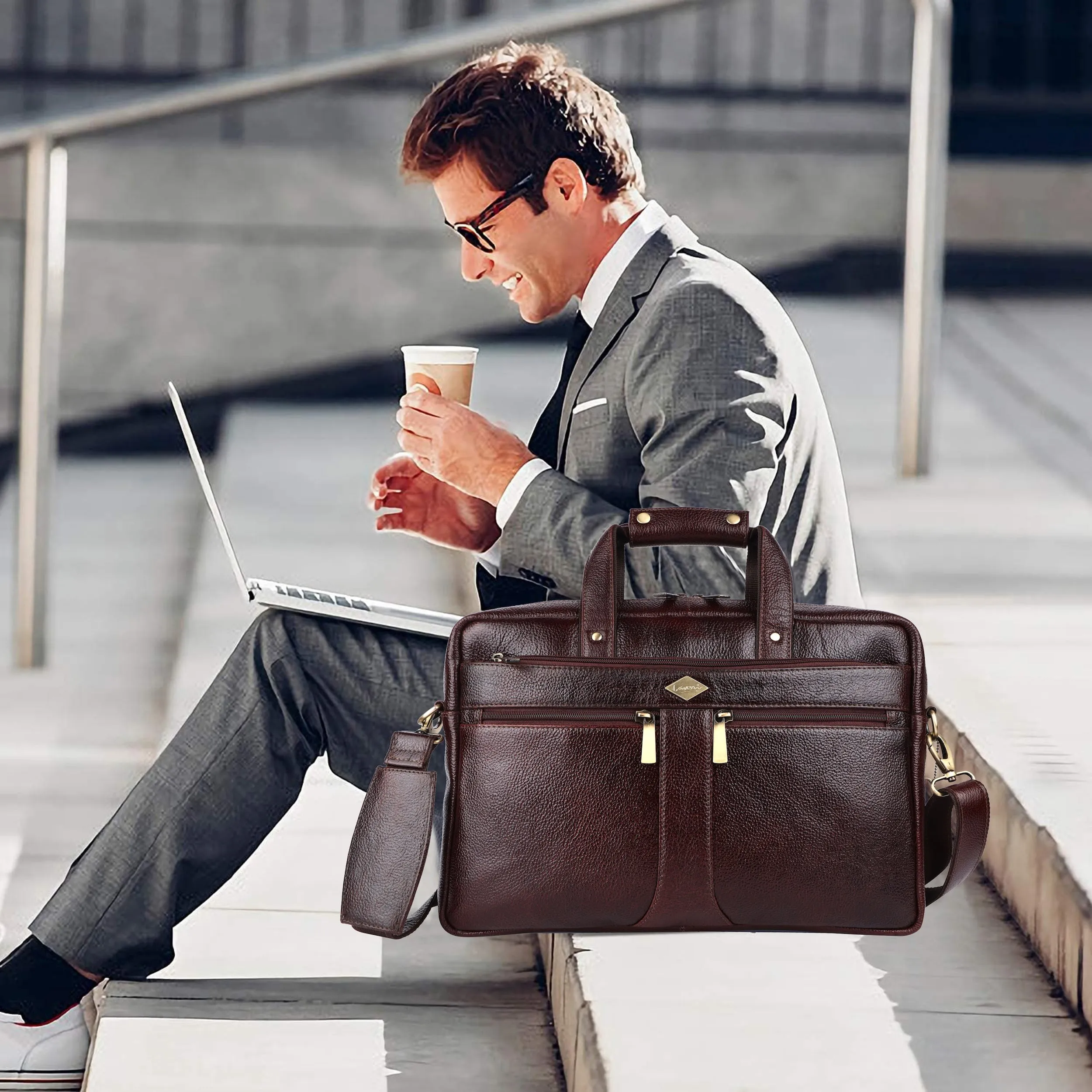 Laveri® Genuine Leather Laptop Messenger bag #2816 Brown
