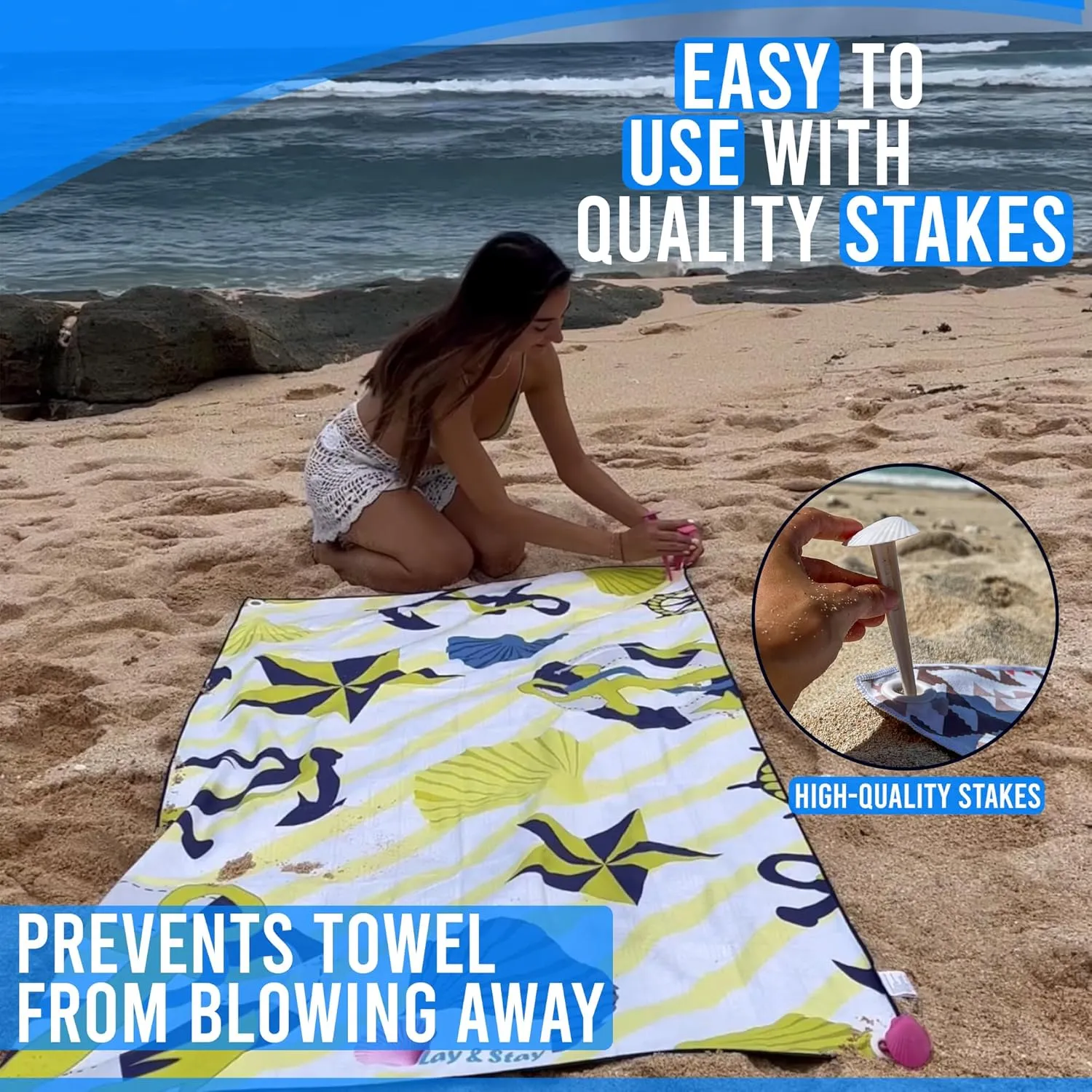 Lay N Stay Beach Blanket Towel Absorbent, Quick-Dry, Extra Large for Adults & Kids, Ideal for Beach, Pool with Securing Sand Stakes (Lost in a Rainbow)