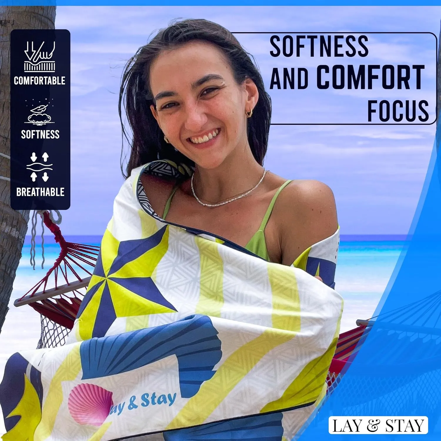 Lay N Stay Beach Blanket Towel Absorbent, Quick-Dry, Sandfree, Extra Large for Adults & Kids, Ideal for Beach, Pool, Camping & Travel, with Securing Sand Stakes (Summer Breeze)