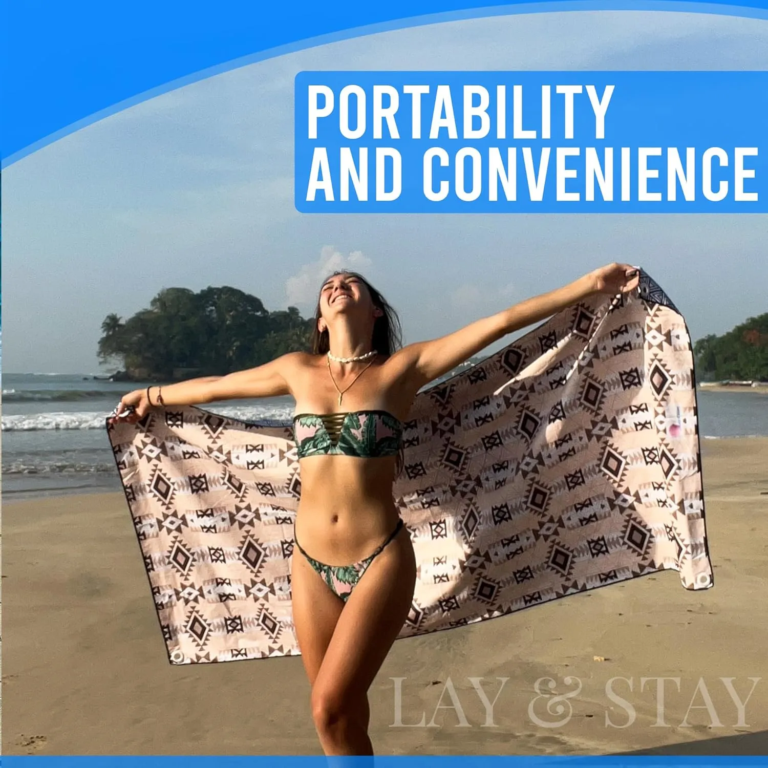 Lay N Stay Beach Blanket Towel Absorbent, Quick-Dry, Sandfree, Extra Large for Adults & Kids, Ideal for Beach, Pool, Camping & Travel, with Securing Sand Stakes (Summer Breeze)