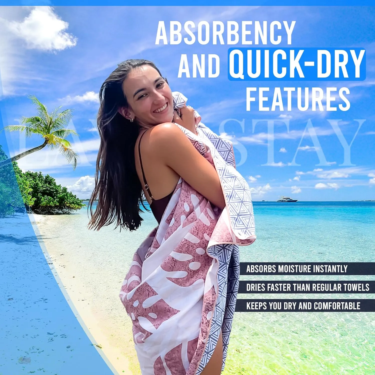 Lay N Stay Beach Blanket Towel Absorbent, Quick-Dry, Sandfree, Extra Large for Adults & Kids, Ideal for Beach, Pool, Camping & Travel, with Securing Sand Stakes (Summer Breeze)