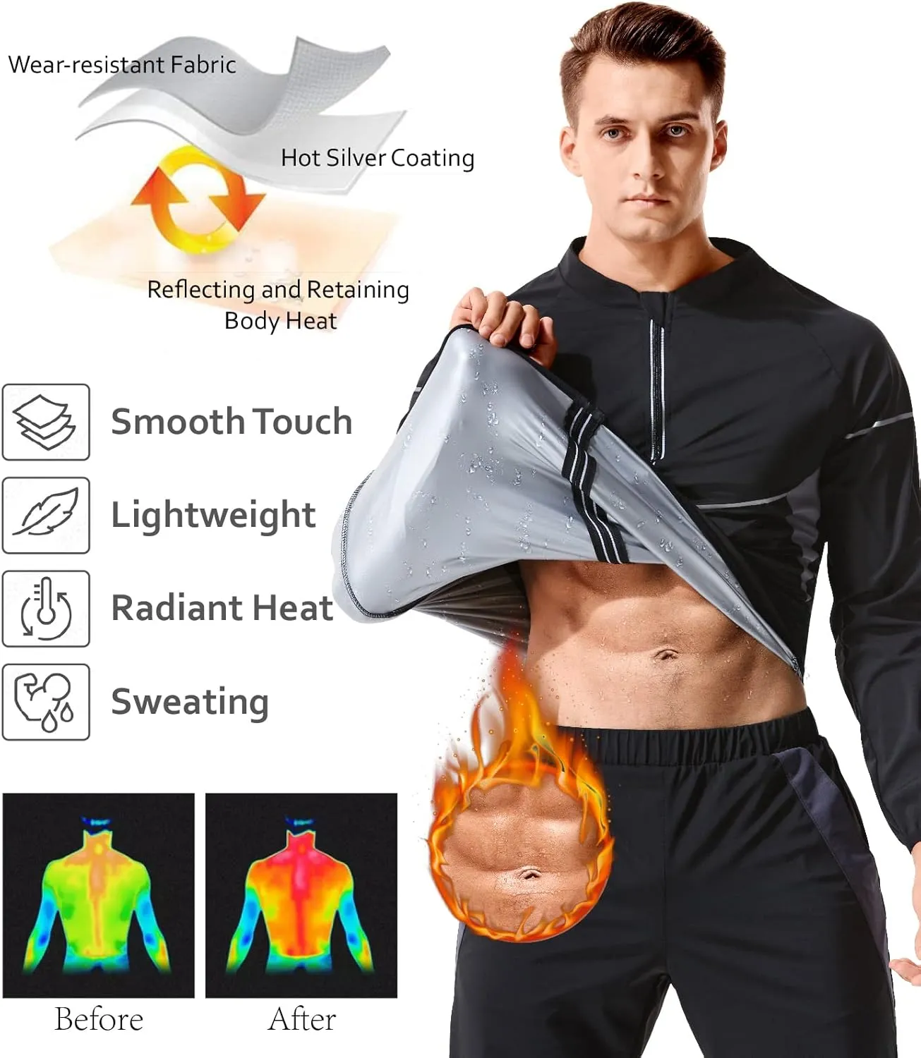 LAZAWG Sauna Suit for Men Sweat Jacket Long Sleeve Zipper Sweat Top Gym Fitness Sauna Shirt