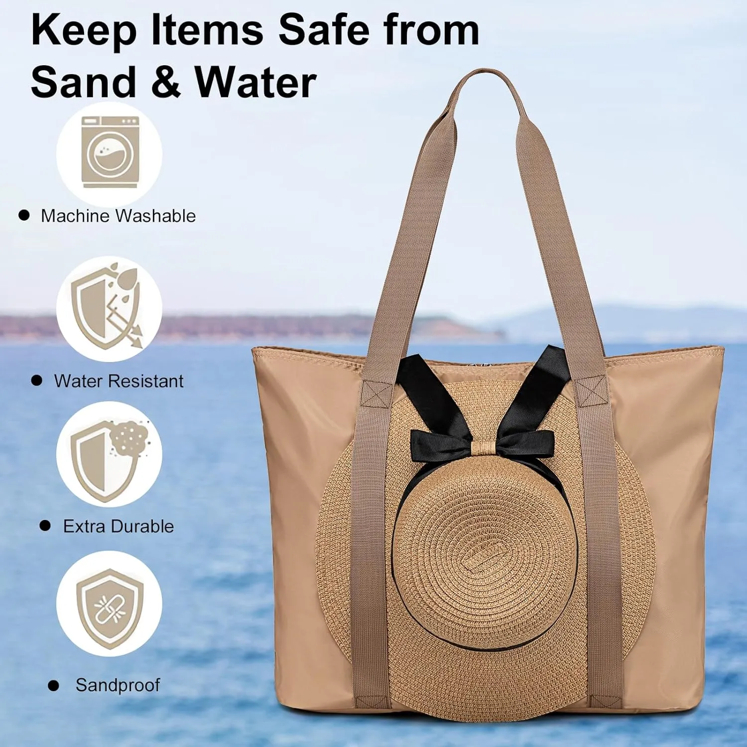 LEDAOU Beach Bags for Women, Beach Bags Waterproof Sandproof, Packable Beach Tote Bag with Zipper Travel Sports