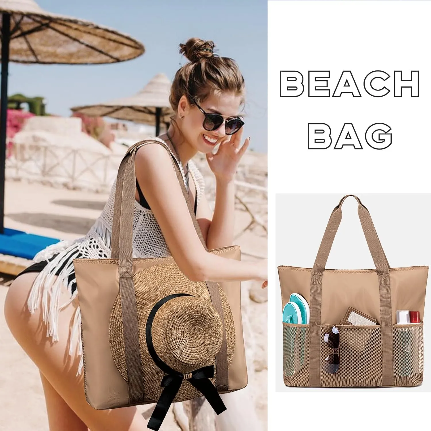 LEDAOU Beach Bags for Women, Beach Bags Waterproof Sandproof, Packable Beach Tote Bag with Zipper Travel Sports