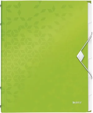 Leitz 46330054 A4 Divider Book, Holds Up to 200 Sheets, Integrated Index with 6 Compartments, Elastic Closure, Wow Range, Green