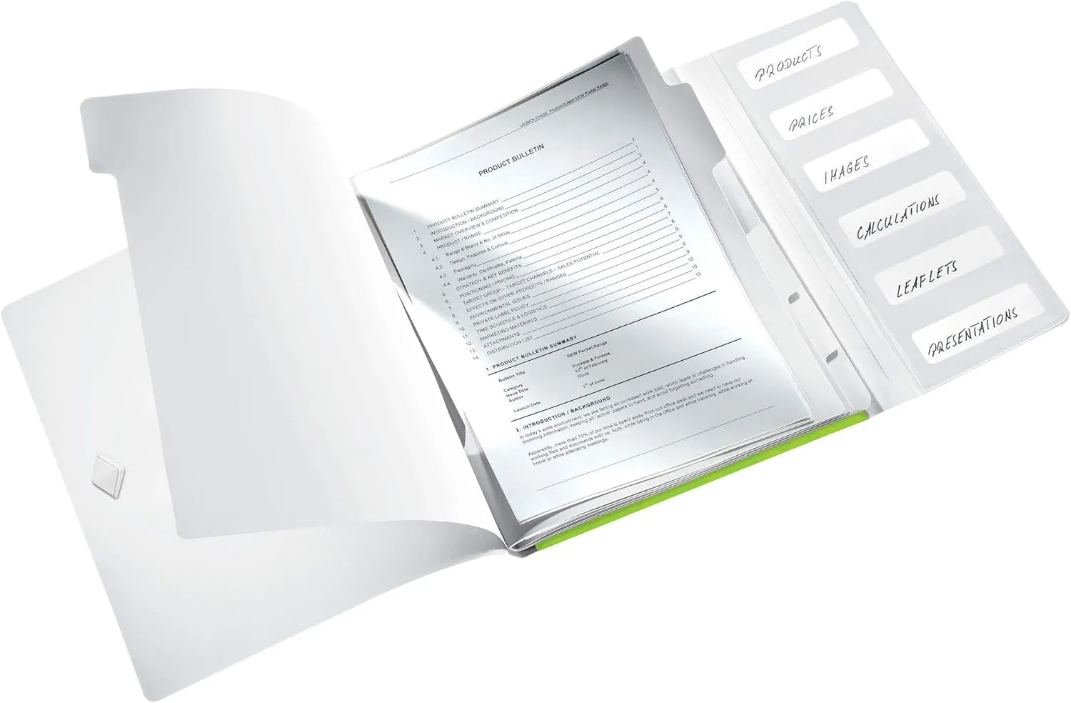 Leitz 46330054 A4 Divider Book, Holds Up to 200 Sheets, Integrated Index with 6 Compartments, Elastic Closure, Wow Range, Green