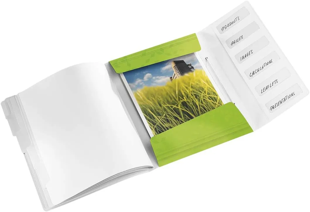 Leitz 46330054 A4 Divider Book, Holds Up to 200 Sheets, Integrated Index with 6 Compartments, Elastic Closure, Wow Range, Green