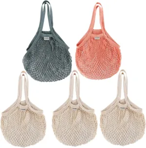 Lemonfilter Mesh Produce Bags, 5 Pack Reusable Cotton Mesh Grocery Bag Washable Cotton String Shopping Bags with Long Handle Net Tote Bag for Vegetables Fruit Farmers Market Shopping (3 color)