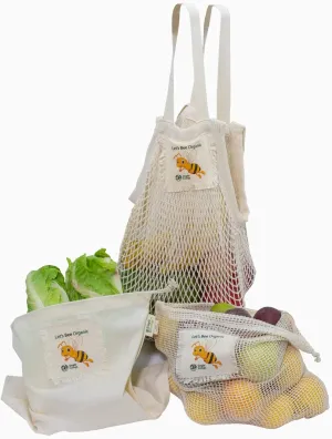 Let’s Bee Organic Cotton Reusable Honey Bee Gift & Starter Set (string produce saver bags, food storage, bulk bin, with tare weight tag and drawstring, waste free)