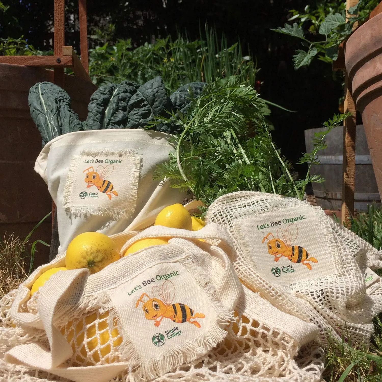 Let’s Bee Organic Cotton Reusable Honey Bee Gift & Starter Set (string produce saver bags, food storage, bulk bin, with tare weight tag and drawstring, waste free)
