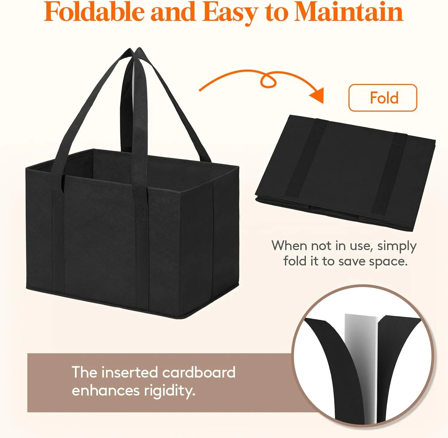 Lifewit Reusable Grocery Bags 3 Packs, Heavy Duty Foldable Shopping Bags with Reinforced Handles, Large Standing Tote Bags Stay Open, Waterproof Carry Box Bag for Kitchen, Car Trunk, Black