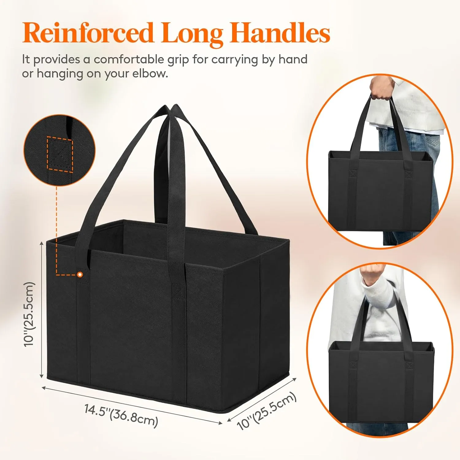 Lifewit Reusable Grocery Bags 3 Packs, Heavy Duty Foldable Shopping Bags with Reinforced Handles, Large Standing Tote Bags Stay Open, Waterproof Carry Box Bag for Kitchen, Car Trunk, Black