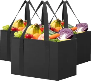 Lifewit Reusable Grocery Bags 3 Packs, Heavy Duty Foldable Shopping Bags with Reinforced Handles, Large Standing Tote Bags Stay Open, Waterproof Carry Box Bag for Kitchen, Car Trunk, Black