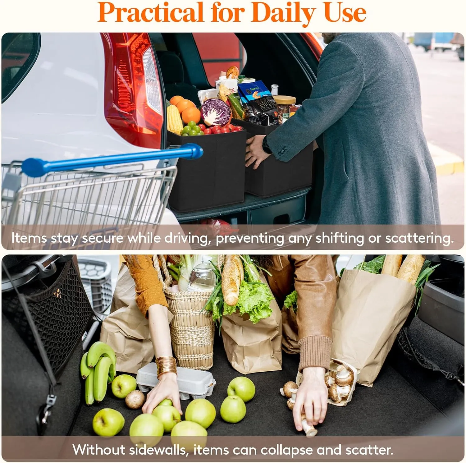 Lifewit Reusable Grocery Bags 3 Packs, Heavy Duty Foldable Shopping Bags with Reinforced Handles, Large Standing Tote Bags Stay Open, Waterproof Carry Box Bag for Kitchen, Car Trunk, Black