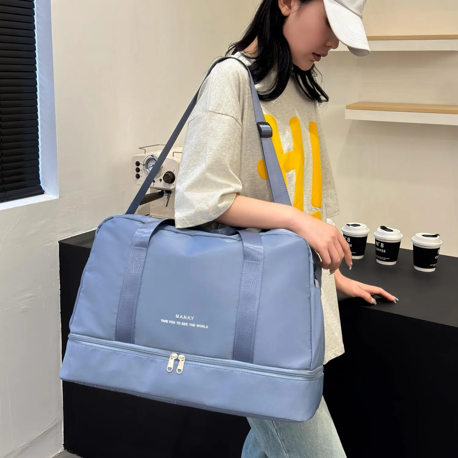 Light Gym Bag for Women, Sports Travel Duffle Bag with with Shoe Compartment & Wet Pocket,Large Capacity Weekender Overnight Aircraft Bag, Travel, Gym, Yoga（Blue）